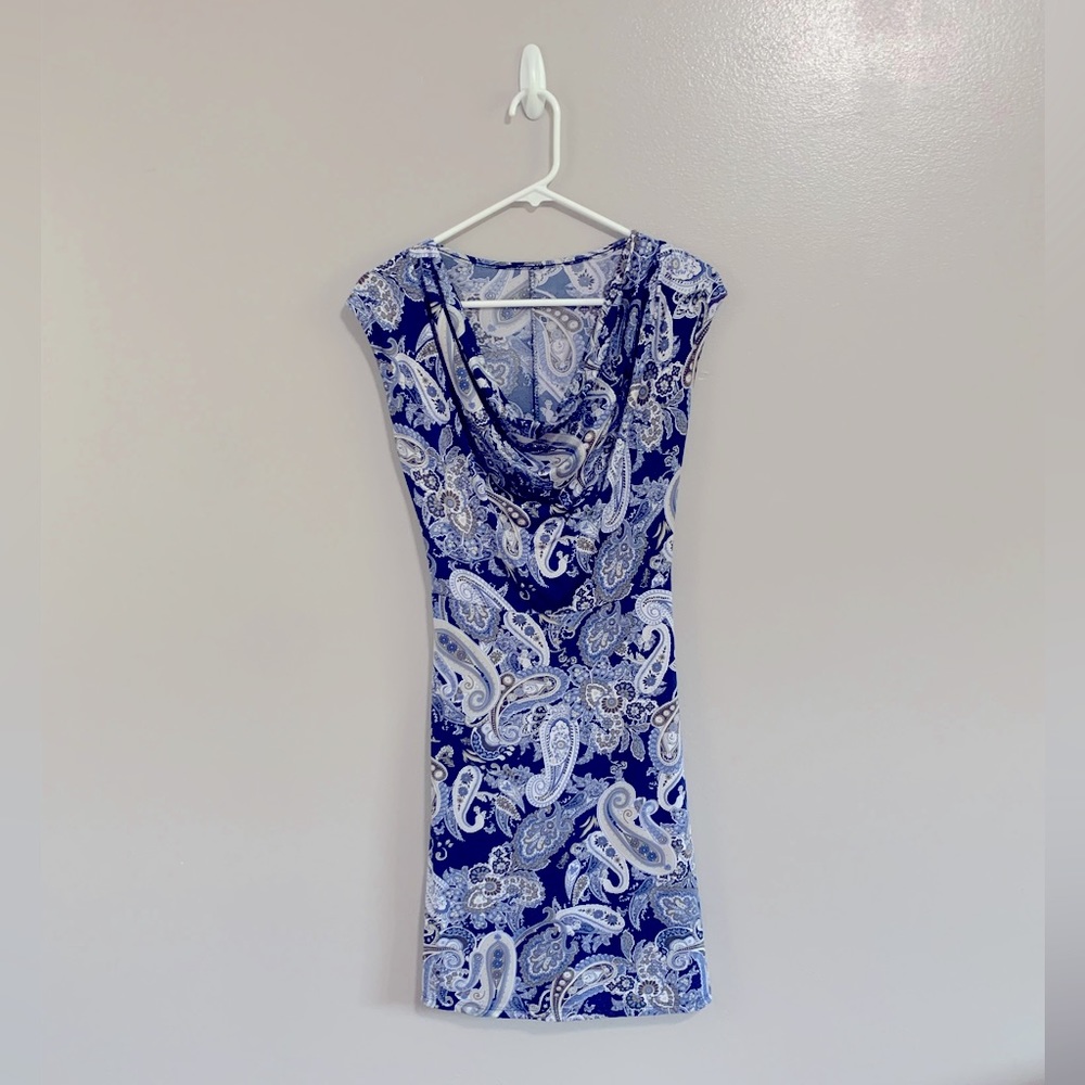 Blue paisley short-sleeve dress with cowl neck.